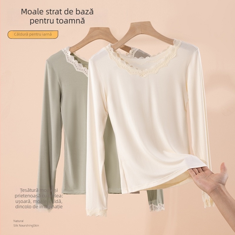 Top termic pentru femei, bază, cu dantelă la margine, viscoză ultra-subțire cu căptușeală de modal, guler rotund, pulover, croială slim
