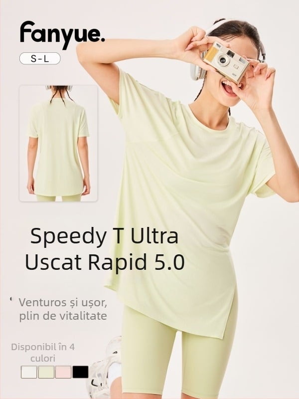 Top de yoga pentru femei cu uscare rapidă, mânecă scurtă, croială lejeră, lungime peste șold, 89% poliester + 11% spandex