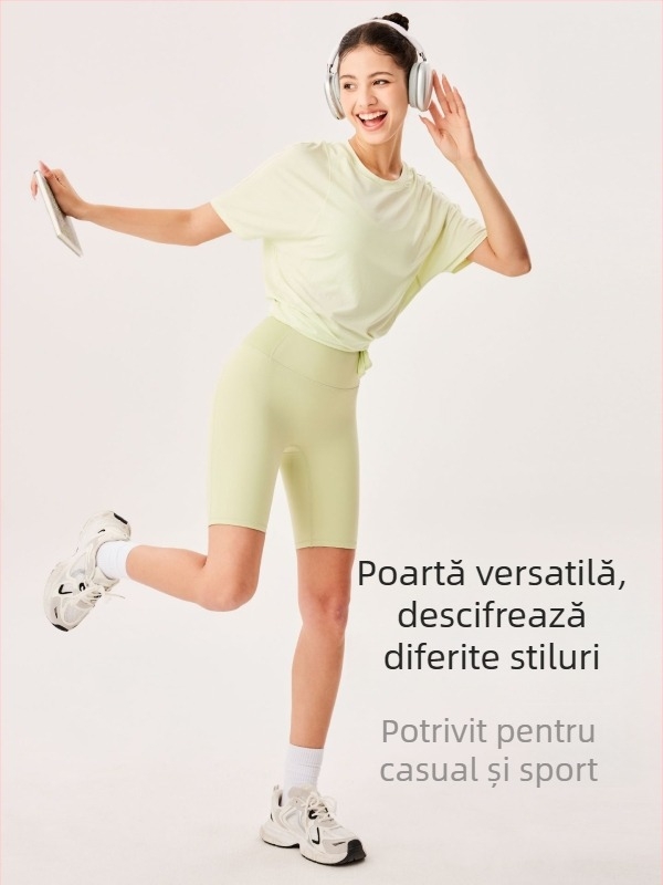 Top de yoga pentru femei cu uscare rapidă, mânecă scurtă, croială lejeră, lungime peste șold, 89% poliester + 11% spandex