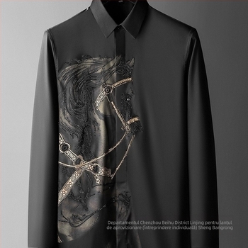 Cămașă bărbați cu mâneci lungi, croială slim, imprimeu, țesătură din cânepă (51–70%), guler lat