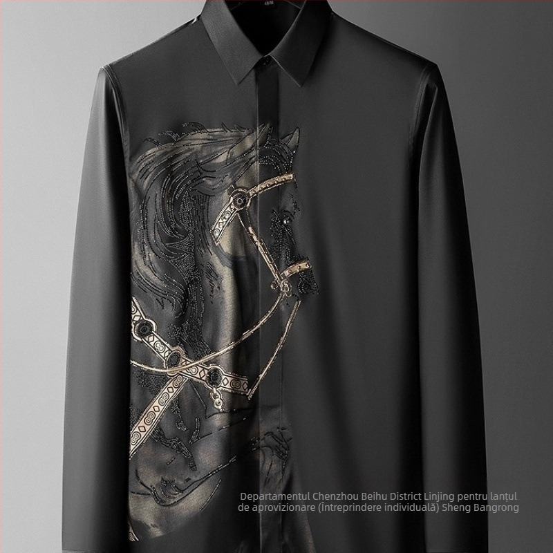 Cămașă bărbați cu mâneci lungi, croială slim, imprimeu, țesătură din cânepă (51–70%), guler lat