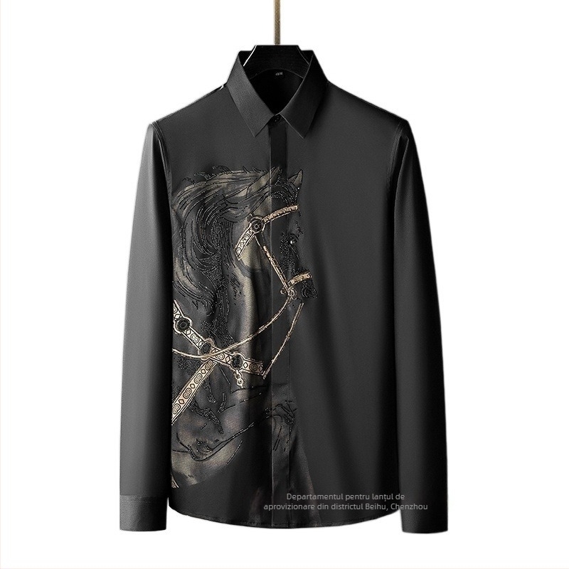 Cămașă bărbați cu mâneci lungi, croială slim, imprimeu, țesătură din cânepă (51–70%), guler lat