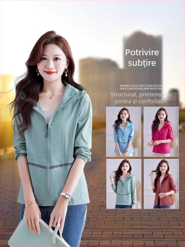 Jachetă de protecție solară din nylon pentru femei, subțire, croială lejeră, mâneci lungi cu fermoar, model geometric, stil japonez, UPF50+