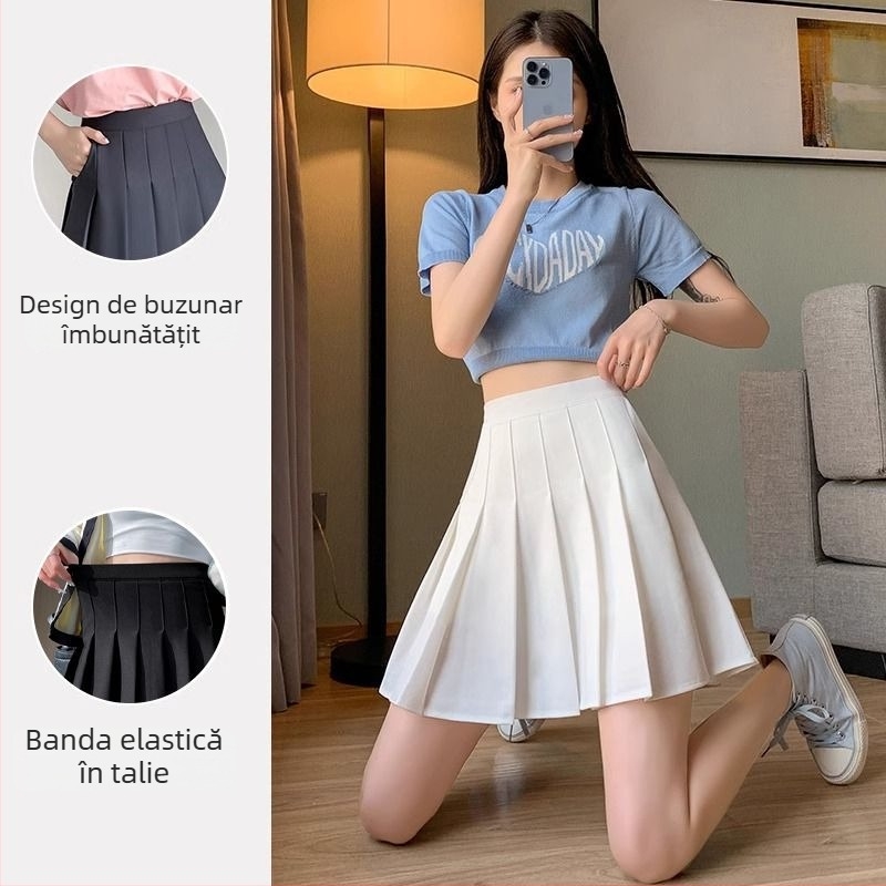 Fustă scurtă plisată în stil JK, talie înaltă, micro-elastică, textură creponată, poliester
