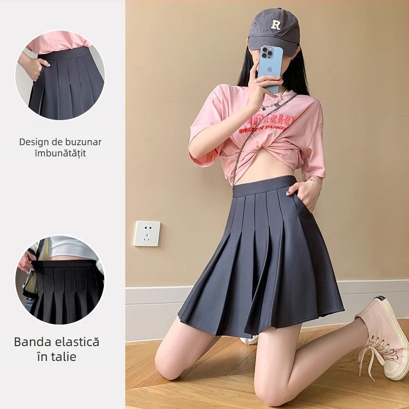 Fustă scurtă plisată în stil JK, talie înaltă, micro-elastică, textură creponată, poliester