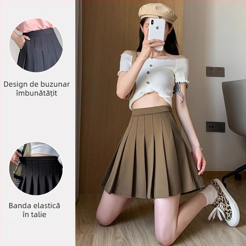 Fustă scurtă plisată în stil JK, talie înaltă, micro-elastică, textură creponată, poliester