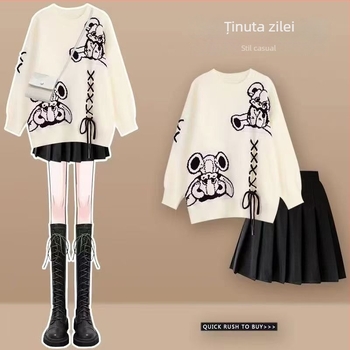 Set din două piese: pulover cu talie și fustă mini din cașmir, mâneci lungi, stil doamnă matură, ținută toamnă-iarnă