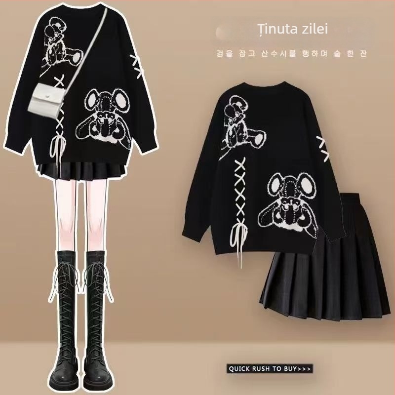 Set din două piese: pulover cu talie și fustă mini din cașmir, mâneci lungi, stil doamnă matură, ținută toamnă-iarnă