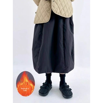 Fustă Bud cu pliuri, lungime midi, amestec din bumbac și in cu poliester, culoare solidă, iarnă 2025