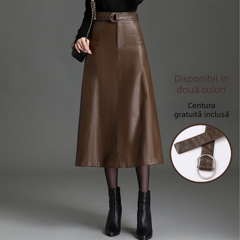 Fustă lungă din piele PU, croială tip A-line, cu microelasticitate, model solid