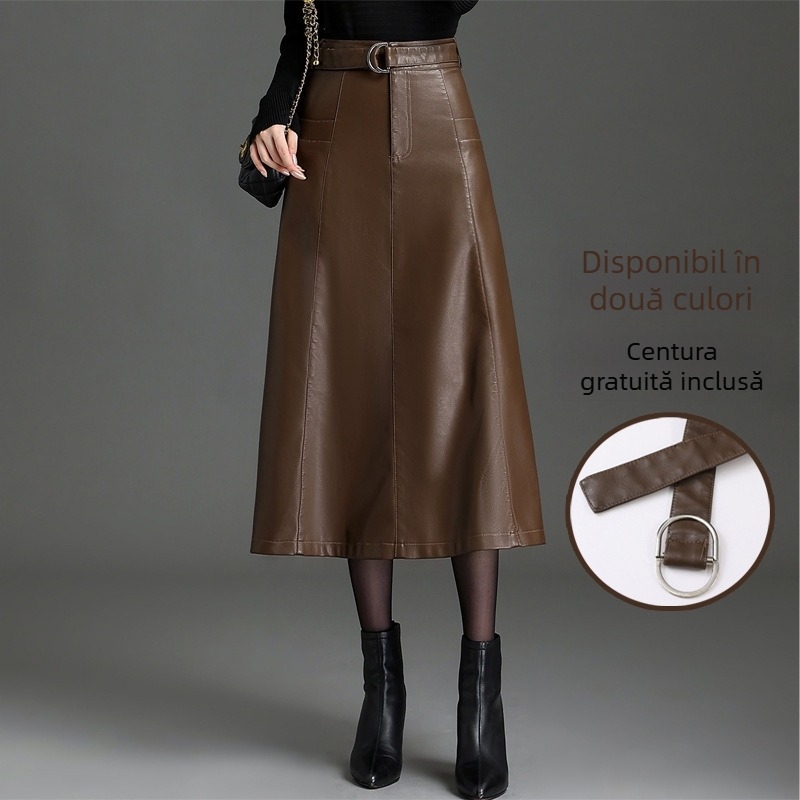 Fustă lungă din piele PU, croială tip A-line, cu microelasticitate, model solid
