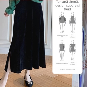 Fustă midi velur, croială A-line, culoare solidă (Model solid; Material: velur; Țesătură: poliester; Lungime: midi; Sezon: iarna 2024)