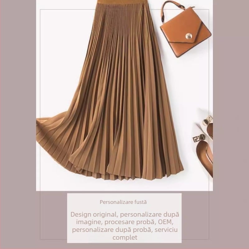 Fustă plisată, talie înaltă, lungime midi, model solid, țesătură crepe din poliester, 91-99% poliester și până la 10% elastan