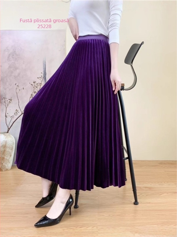 Fustă lungă evazată din catifea plisată, Mercerized, amestec lână-spandax, model 20213, iarna 2025