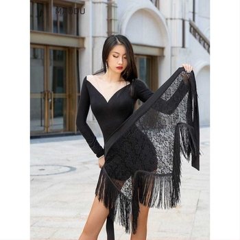 Rochie de dans pentru femei - stil latino cu fustiță cu franjuri la șolduri, material 93% spandex, căptușeală spandex