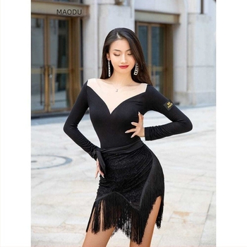 Rochie de dans pentru femei - stil latino cu fustiță cu franjuri la șolduri, material 93% spandex, căptușeală spandex