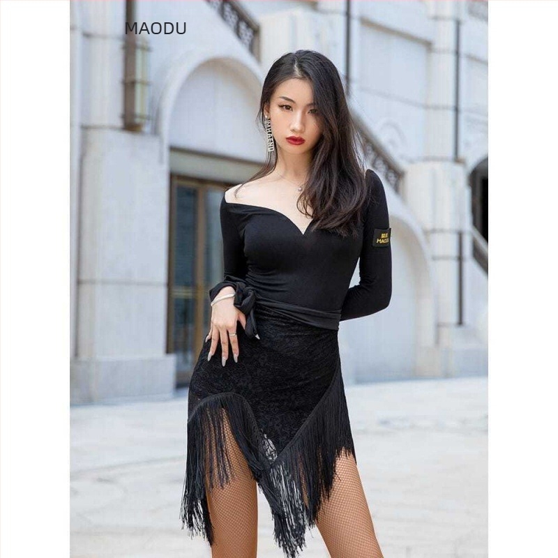 Rochie de dans pentru femei - stil latino cu fustiță cu franjuri la șolduri, material 93% spandex, căptușeală spandex
