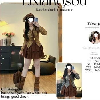 Top cu umeri goi și fustă în carouri, set din două piese, mâneci lungi, poliester