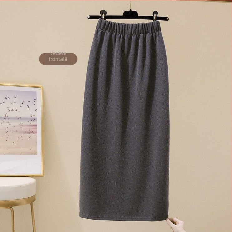 Fustă tip A-line, talie înaltă, deschidere în față, lungime medie, țesătură chenille-spandex