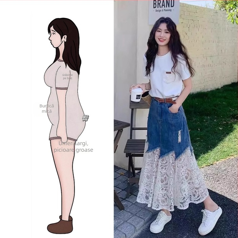 Set fustă-top cu dantelă și fustă din denim (Poliester 80–90%, Lungime fustă: midi, Mâneci: 3/4, Vară 2025)