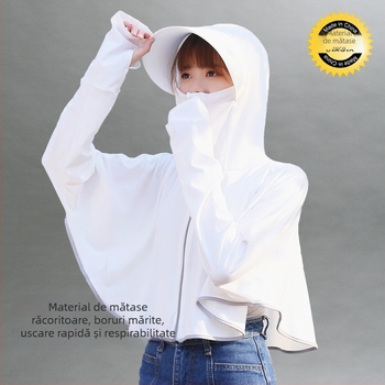 Tricou cu protecție UV pentru femei, cu glugă, respirabil, uscare rapidă, țesătură Ice Silk