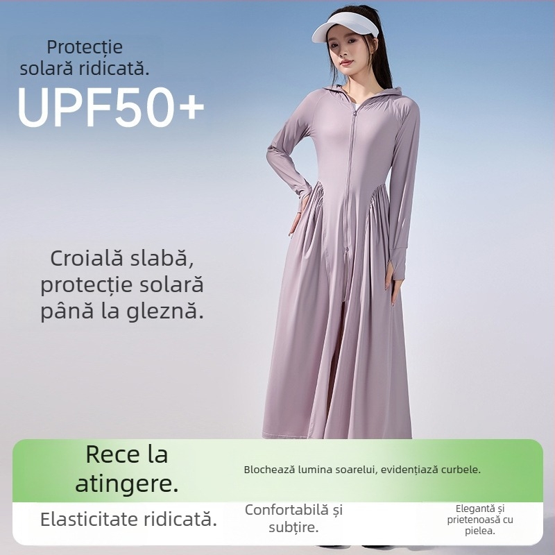 Rochie de protecție solară pentru femei, mâneci lungi, țesătură subțire nylon-spandex, UPF50+, vară 2025