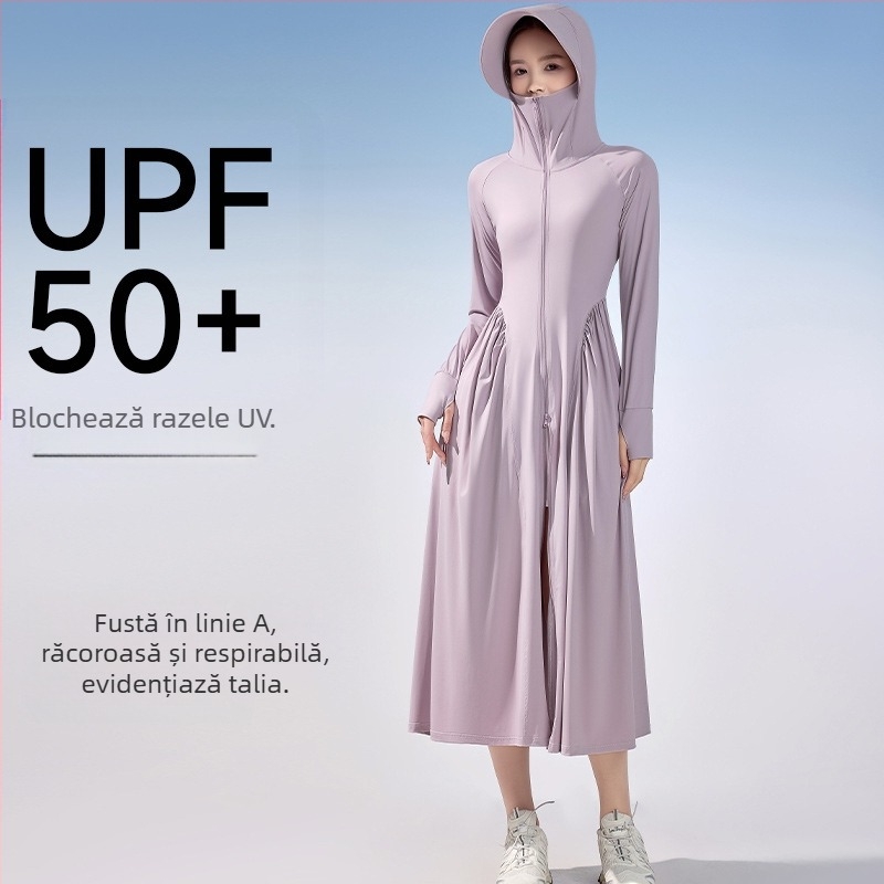 Rochie de protecție solară pentru femei, mâneci lungi, țesătură subțire nylon-spandex, UPF50+, vară 2025
