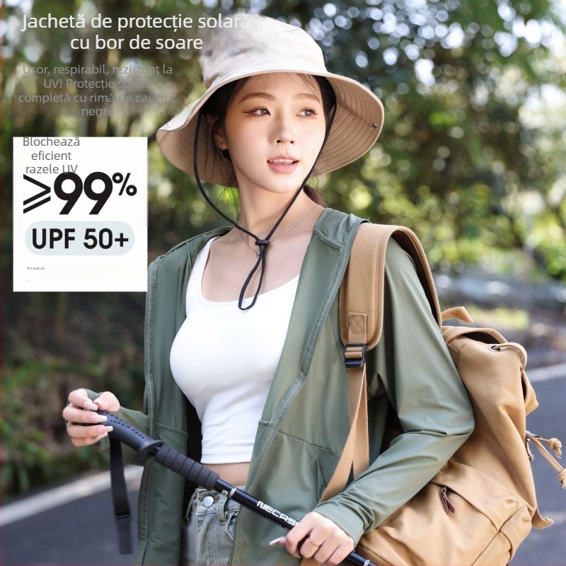 Jachetă de protecție solară pentru femei, cu margine detașabilă și buzunare, uscare rapidă, respirabilă, UV 50+