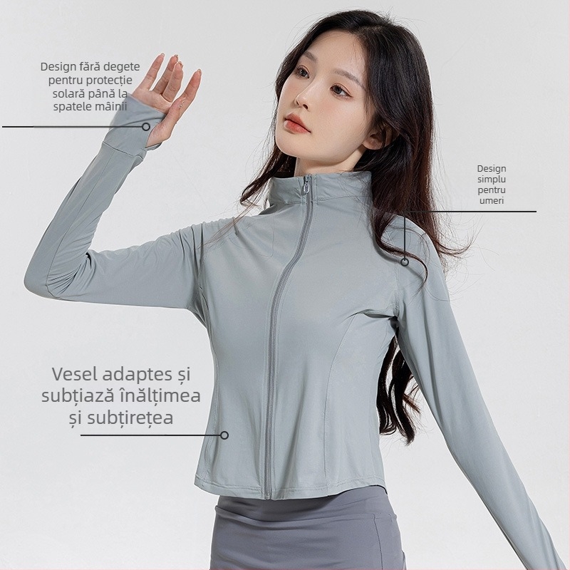 Bluză subțire de protecție solară pentru femei, croială slim, material nylon-spandex, UPF50+, mâneci raglan lungi cu fermoar, lungime 40–50 cm, vară 2024
