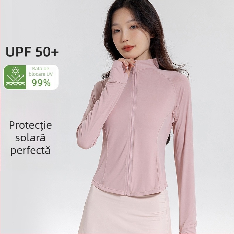 Bluză subțire de protecție solară pentru femei, croială slim, material nylon-spandex, UPF50+, mâneci raglan lungi cu fermoar, lungime 40–50 cm, vară 2024