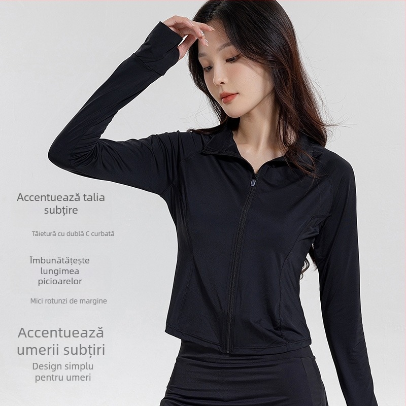Bluză subțire de protecție solară pentru femei, croială slim, material nylon-spandex, UPF50+, mâneci raglan lungi cu fermoar, lungime 40–50 cm, vară 2024