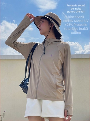 Tricou cu protecție solară și glugă - UPF50+, ușor și respirabil, model color block, fermoar frontal, poliester-spandex