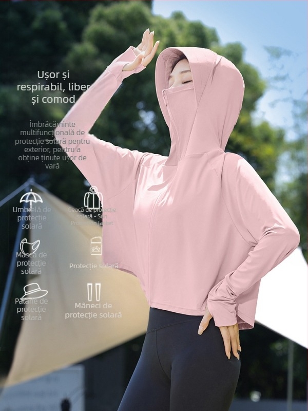 Îmbrăcăminte de protecție solară pentru femei, croială lejeră scurtă, Ice-Silk amestec poliester-spandex, UPF50+, mâneci lungi