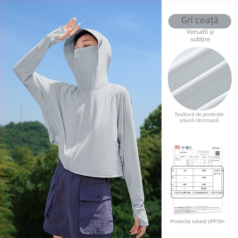 Îmbrăcăminte de protecție solară pentru femei, croială lejeră scurtă, Ice-Silk amestec poliester-spandex, UPF50+, mâneci lungi