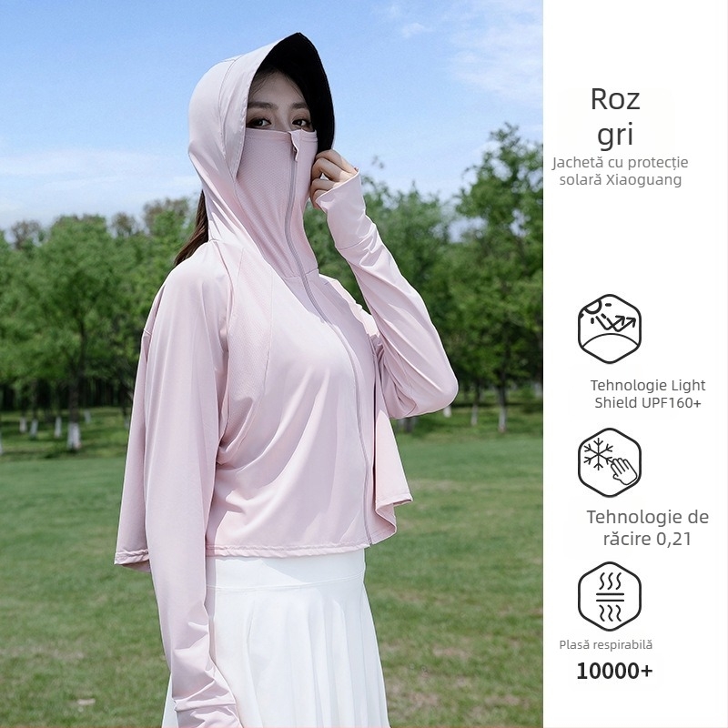 Îmbrăcăminte de protecție solară pentru femei, croială lejeră scurtă, Ice-Silk amestec poliester-spandex, UPF50+, mâneci lungi