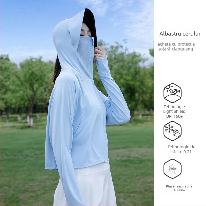 Îmbrăcăminte de protecție solară pentru femei, croială lejeră scurtă, Ice-Silk amestec poliester-spandex, UPF50+, mâneci lungi