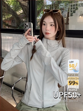 Jachetă UV din nylon, croială Slim, guler înalt, UPF50+, lungime medie