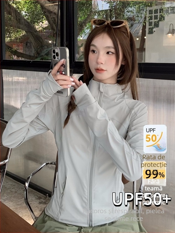 Jachetă UV din nylon, croială Slim, guler înalt, UPF50+, lungime medie