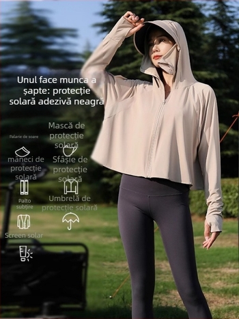 Geacă UV pentru femei Qi Qin, cu glugă, UPF50+, Poliester 95% + Spandex 30–50%, Lungime scurtă, Primăvara 2025