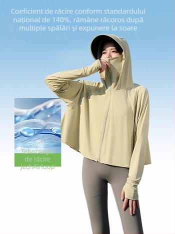 Geacă UV pentru femei Qi Qin, cu glugă, UPF50+, Poliester 95% + Spandex 30–50%, Lungime scurtă, Primăvara 2025