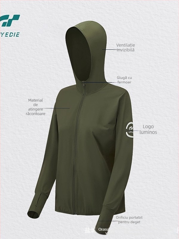 Jachetă de exterior cu glugă pentru femei, protecție UV UPF397+, material 89,6% nylon, 10,4% spandex, stil 932