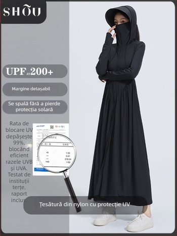 rochie din nylon cu protecție solară, croi slim, mâneci lungi cu glugă, lungime extinsă, UPF50+