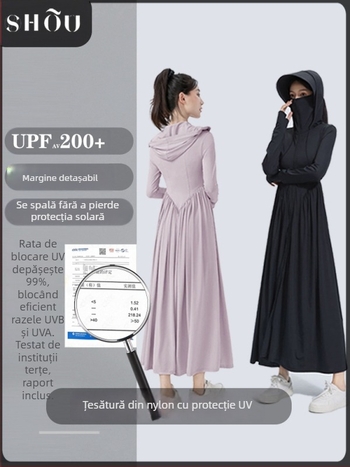 rochie din nylon cu protecție solară, croi slim, mâneci lungi cu glugă, lungime extinsă, UPF50+