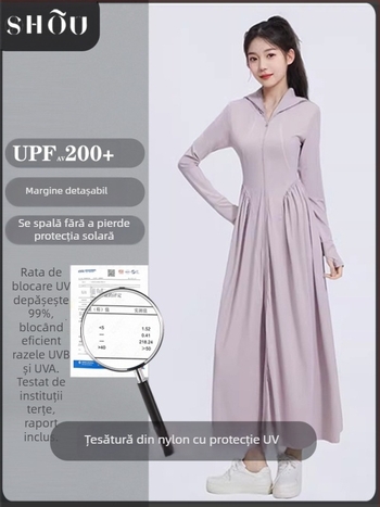 rochie din nylon cu protecție solară, croi slim, mâneci lungi cu glugă, lungime extinsă, UPF50+