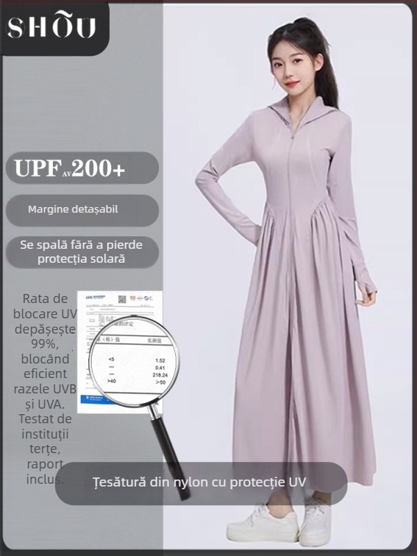 rochie din nylon cu protecție solară, croi slim, mâneci lungi cu glugă, lungime extinsă, UPF50+