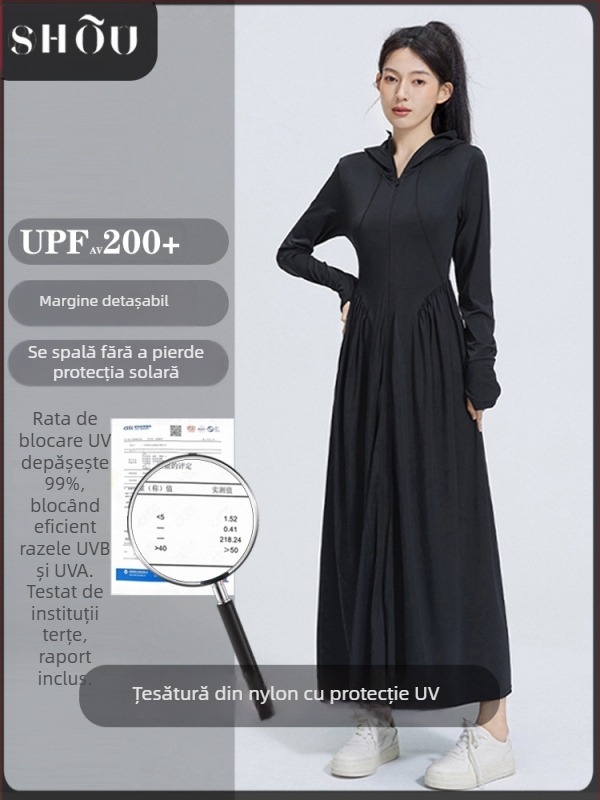 rochie din nylon cu protecție solară, croi slim, mâneci lungi cu glugă, lungime extinsă, UPF50+
