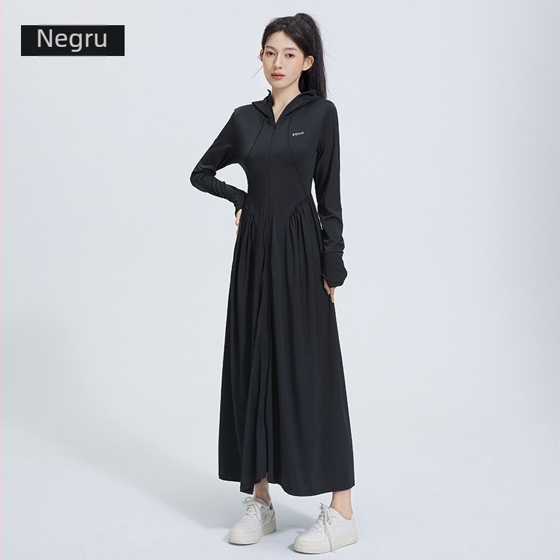 rochie din nylon cu protecție solară, croi slim, mâneci lungi cu glugă, lungime extinsă, UPF50+