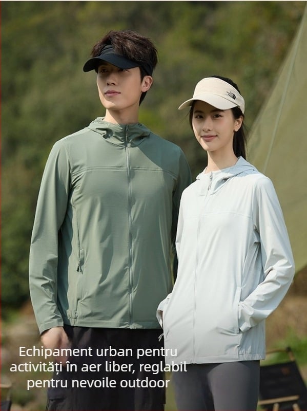 Geacă de exterior din nylon, fibră brută; protecție UV UPF50+; uscare rapidă, respirabilă, rezistentă la vânt; cu glugă; unisex