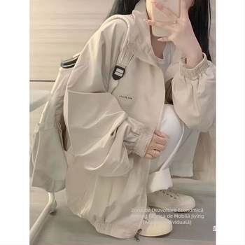 Geacă din Oxford, culoare uni, croială lejeră, mâneci lungi, guler rotund cu fermoar, toamnă 2023, stil urban elegant pentru uz zilnic