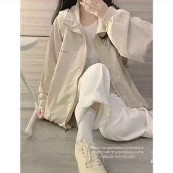 Geacă din Oxford, culoare uni, croială lejeră, mâneci lungi, guler rotund cu fermoar, toamnă 2023, stil urban elegant pentru uz zilnic